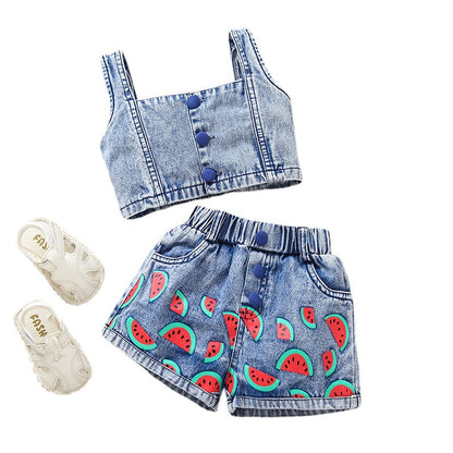 Girls' Denim Camisole Watermelon Shorts Suit