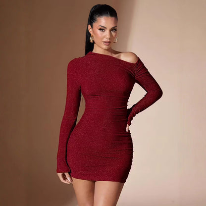 Women's Sexy Oblique Shoulder Party Solid Color Dress