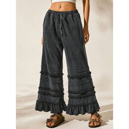 Summer Casual Vacation Style Black Worn Looking Washed-out Loose Flared Pants