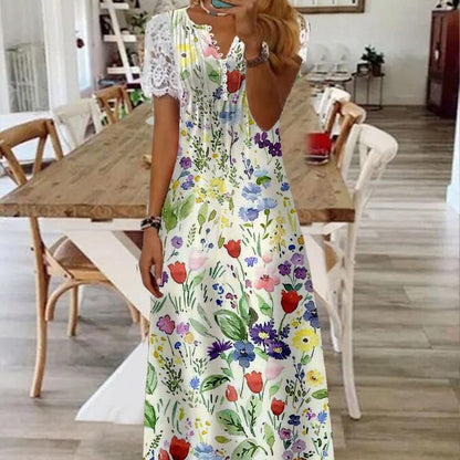 Printed Lace Sleeve Short Sleeve Dress