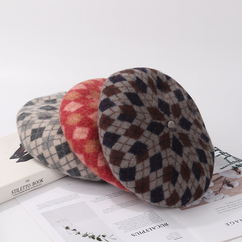 Autumn And Winter Wool Plaid Beret Retro Easy Matching Woolen