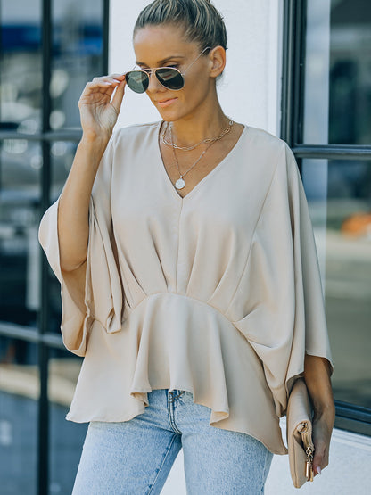 Bat Three-quarter Sleeve Waist Slimming Chiffon Shirt Women's New Solid Color Casual Top