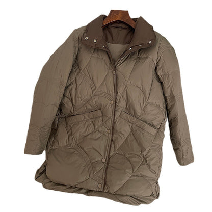 Women's Mid-length White Duck Down Retro Loose Xiangyun Stand Collar Coat