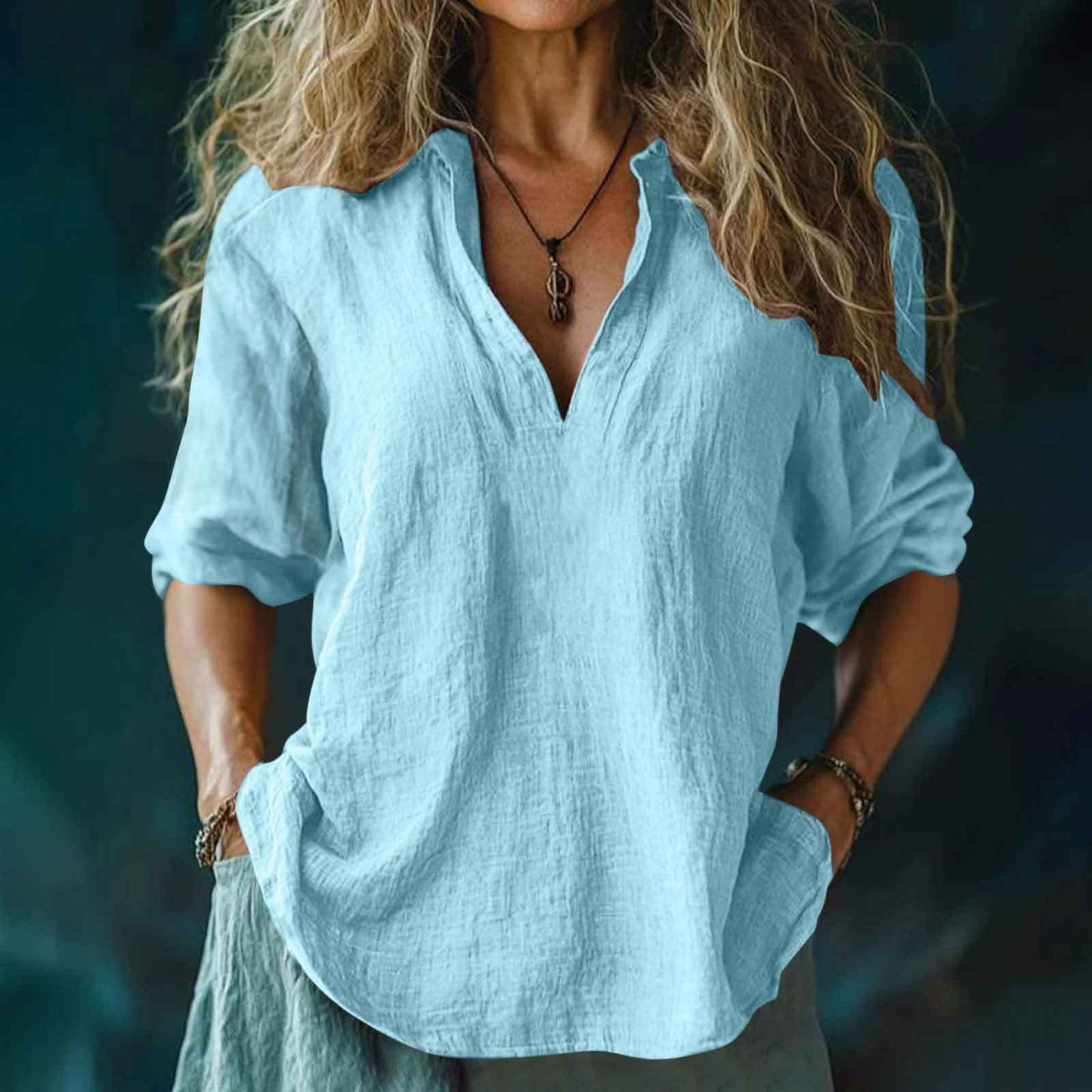 Women's Cotton And Linen V-neck Shirt