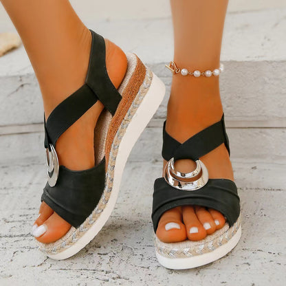 Plus Size Women's Metal Buckle Decorative Hemp Rope Wedge Light Bottom Peep Toe Sandals