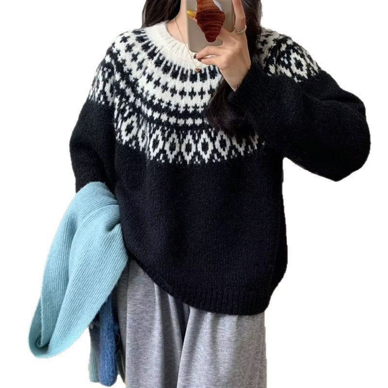 New Round Neck Loose Slimming Christmas Style Knitwear Top
