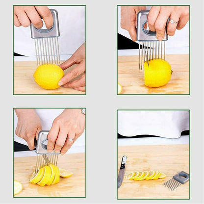 Stainless Steel Onion Holder & Slicer | Safe Tomato & Vegetable Cutting Guide