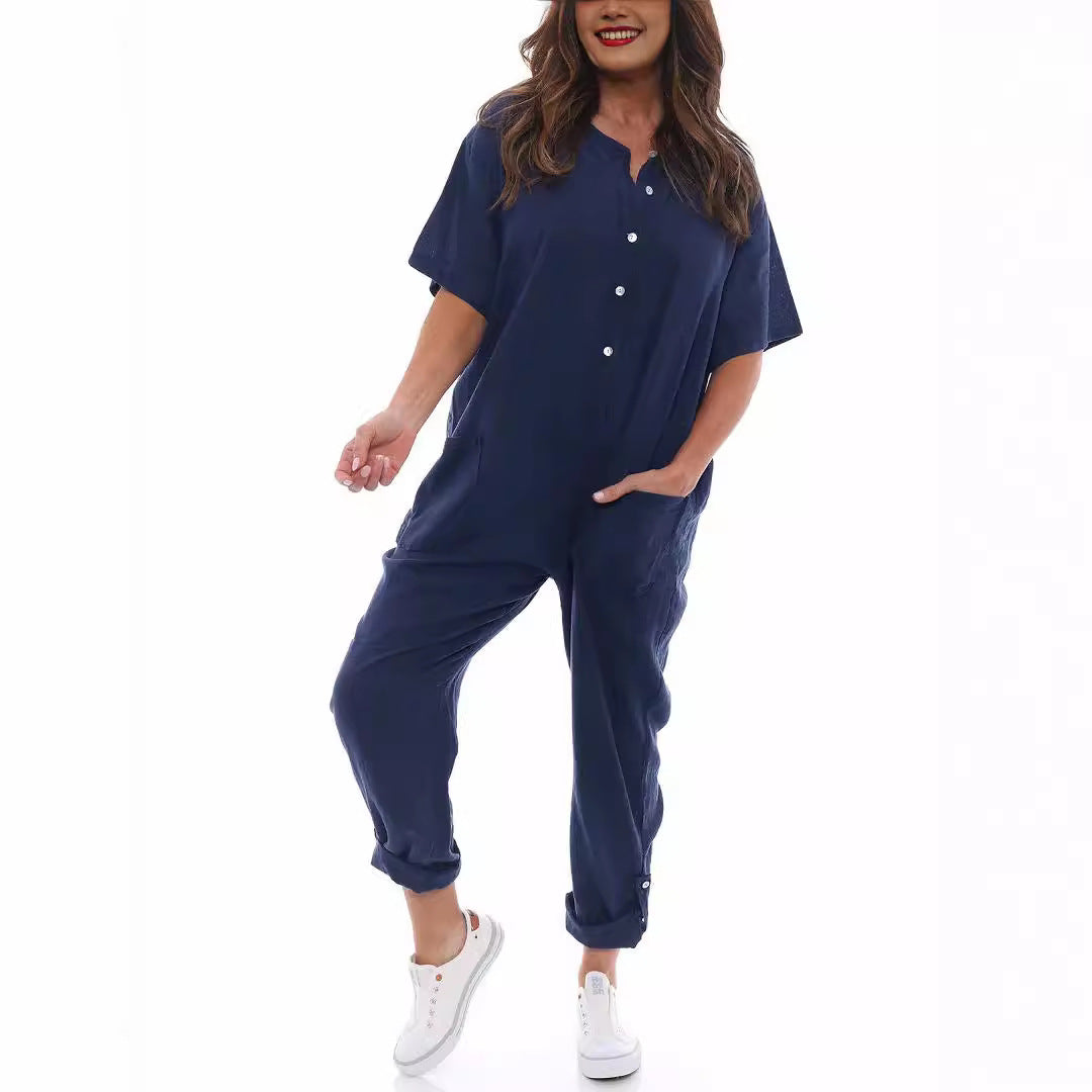 Round Neck Button Mid Waist Pocket Jumpsuit