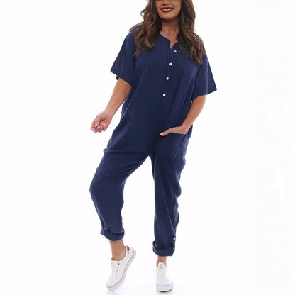 Round Neck Button Mid Waist Pocket Jumpsuit