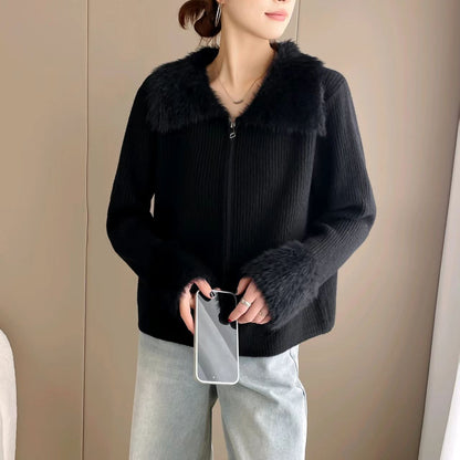 Korean Style Double Zipper Lapel Patchwork Cuff Sweater