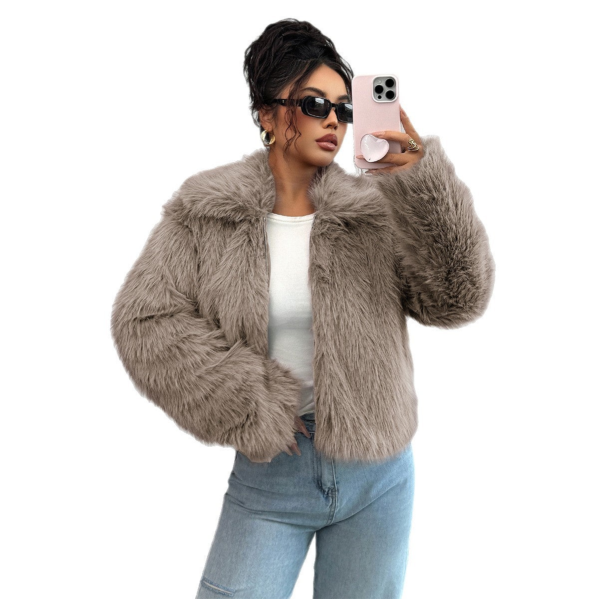Elegant Elegant Style All-match Fluff Long-sleeved Overcoat Coat For Women