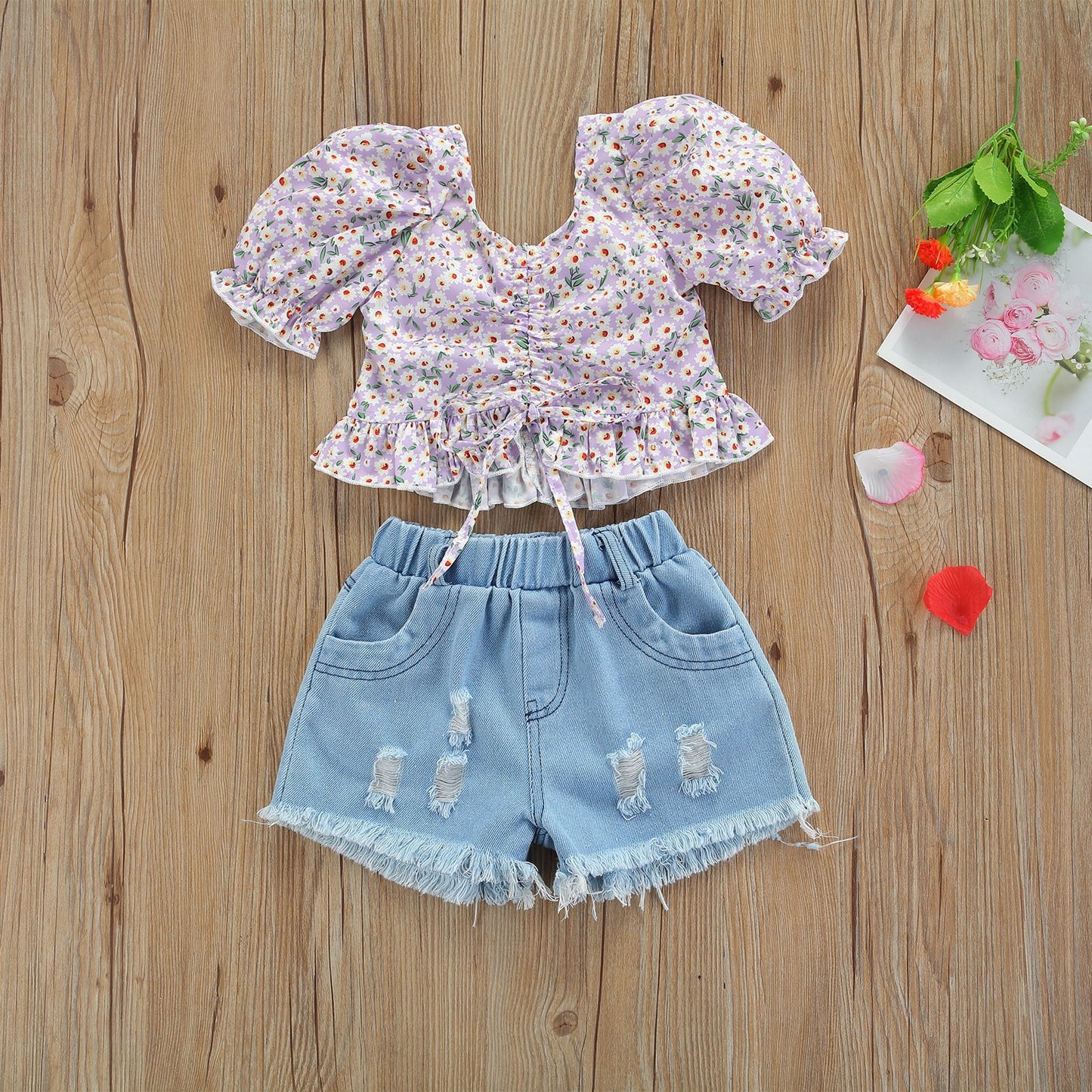 Girls' Fashionable Simple Short-sleeved Floral Denim Shorts Suit