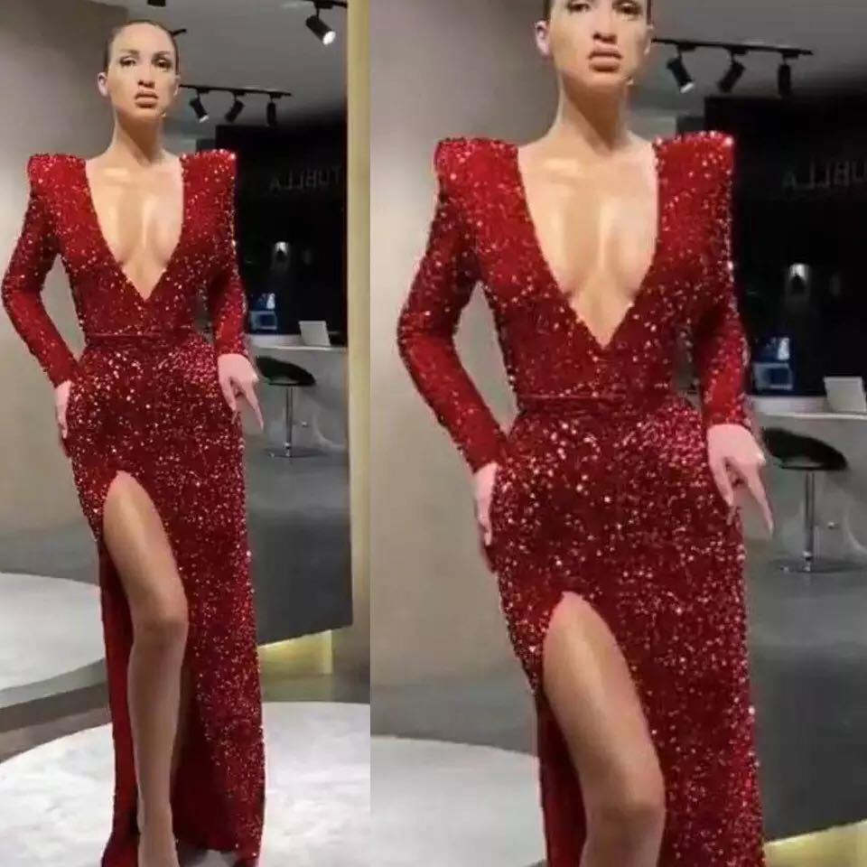Women's Sexy Deep V Long Sleeve Slim-fit Sequined Dress