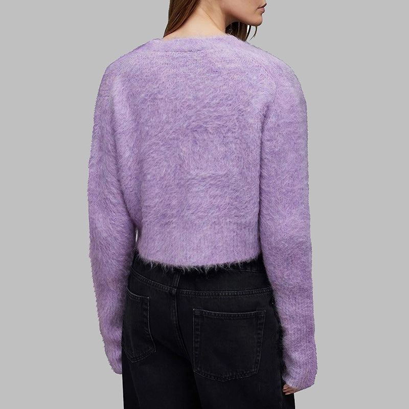 Women's V-neck Single Breasted Mink Solid Color Short Commuter Sweater