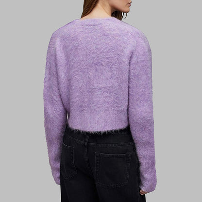 Women's V-neck Single Breasted Mink Solid Color Short Commuter Sweater