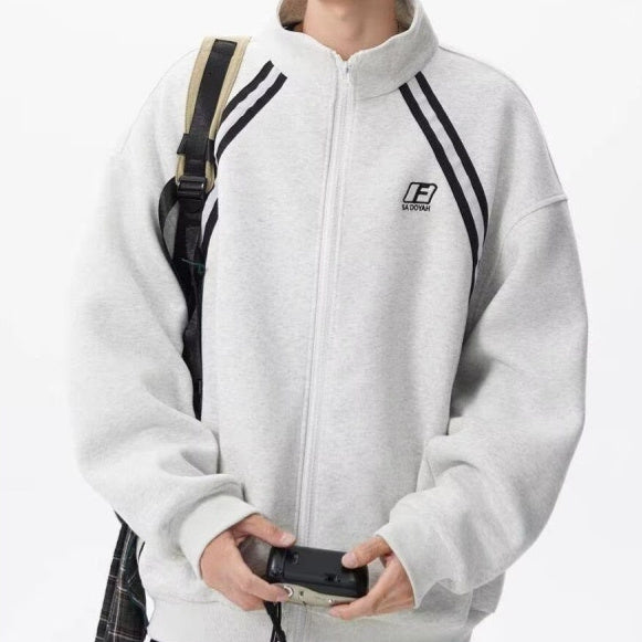 Stand Collar Color Block Stripe Loose Lazy American Style Jacket Bold Pattern Play