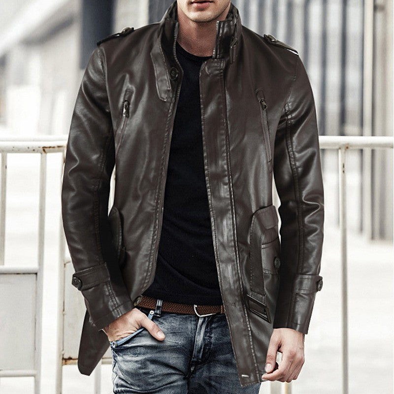 Mens Mid-Length Leather Coat Stand Collar Fleece-Lined Thickened Extended Warmth