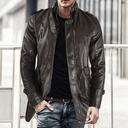 Mens Mid-Length Leather Coat Stand Collar Fleece-Lined Thickened Extended Warmth
