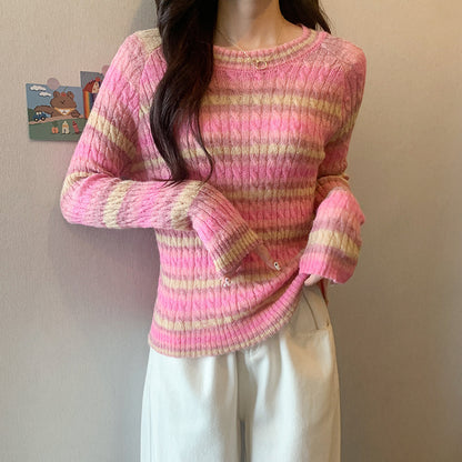 Striped Round Neck Pullover Sweater For Women
