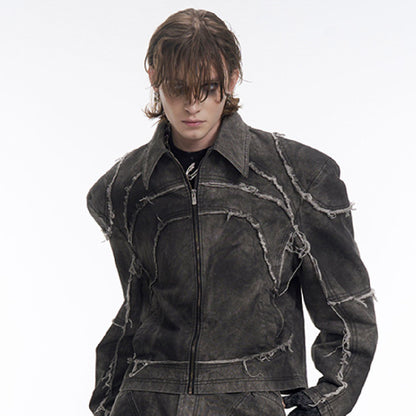 Short Gray Padded Shoulder Denim Coat Sculpted Neutral Edge