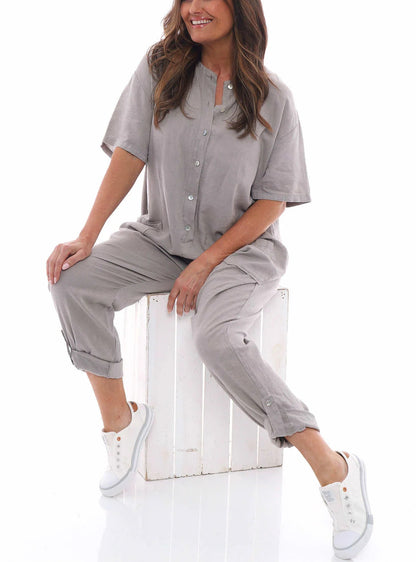 Round Neck Button Mid Waist Pocket Jumpsuit