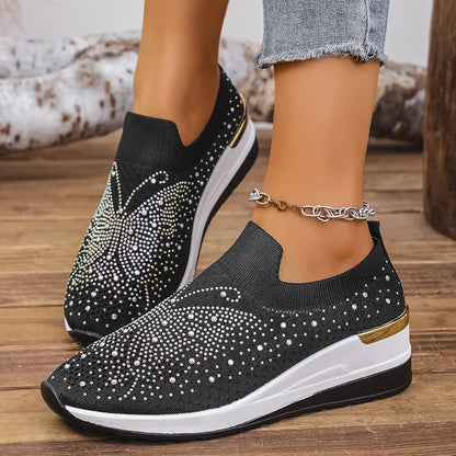 Pumps Women's Summer Wedge Round Toe Rhinestone Slip-on Women's Pumps Pumps
