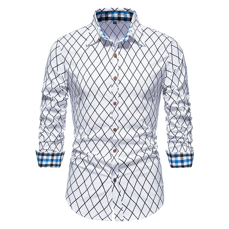 Diamond Check Contrast Color Long Sleeve Fashion Shirt