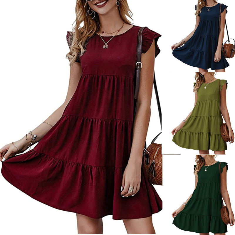 Ladies Solid Color Round Neck Short Sleeve Casual Dress