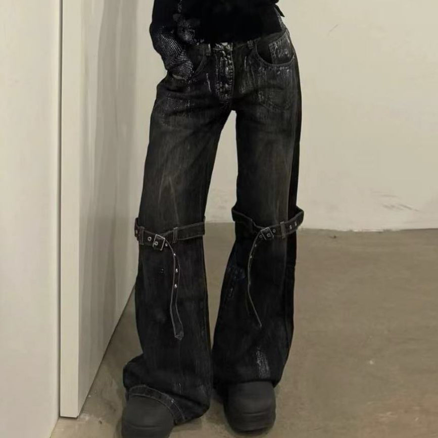 Retro Jeans Lace-up Deconstructed Wide-leg Pants Loose Trousers