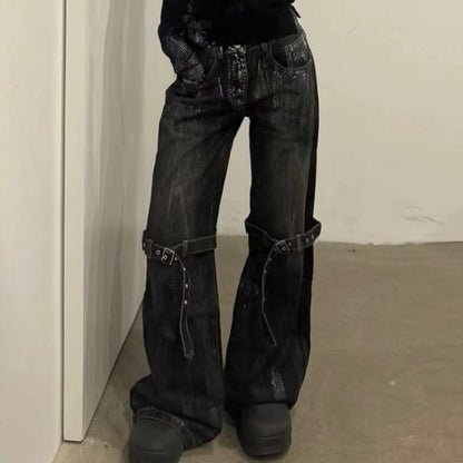 Retro Jeans Lace-up Deconstructed Wide-leg Pants Loose Trousers