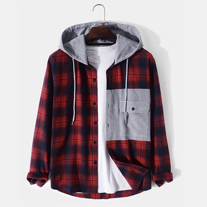 Casual Men's Jacket Plaid Hooded Long Sleeve