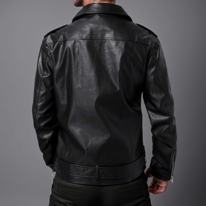 Slim-Fit Lapel Leather Jacket Precision Tailored Elegance
