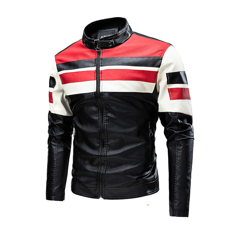 Motorcycle Stitching Leather Jacket Men Stand Collar Retro Vintage Edge
