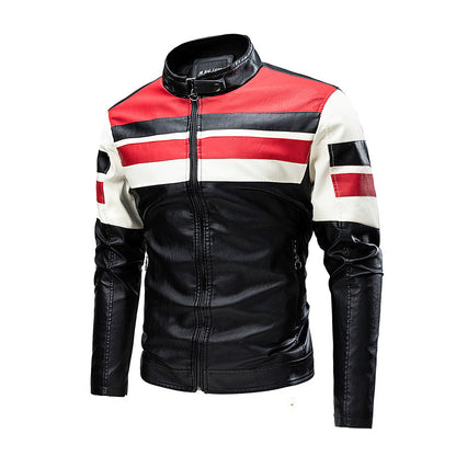 Motorcycle Stitching Leather Jacket Men Stand Collar Retro Vintage Edge