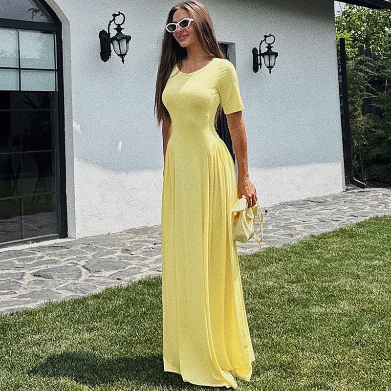 Women's Fashionable Elegant Slim-fit Solid Color Short-sleeved Dress