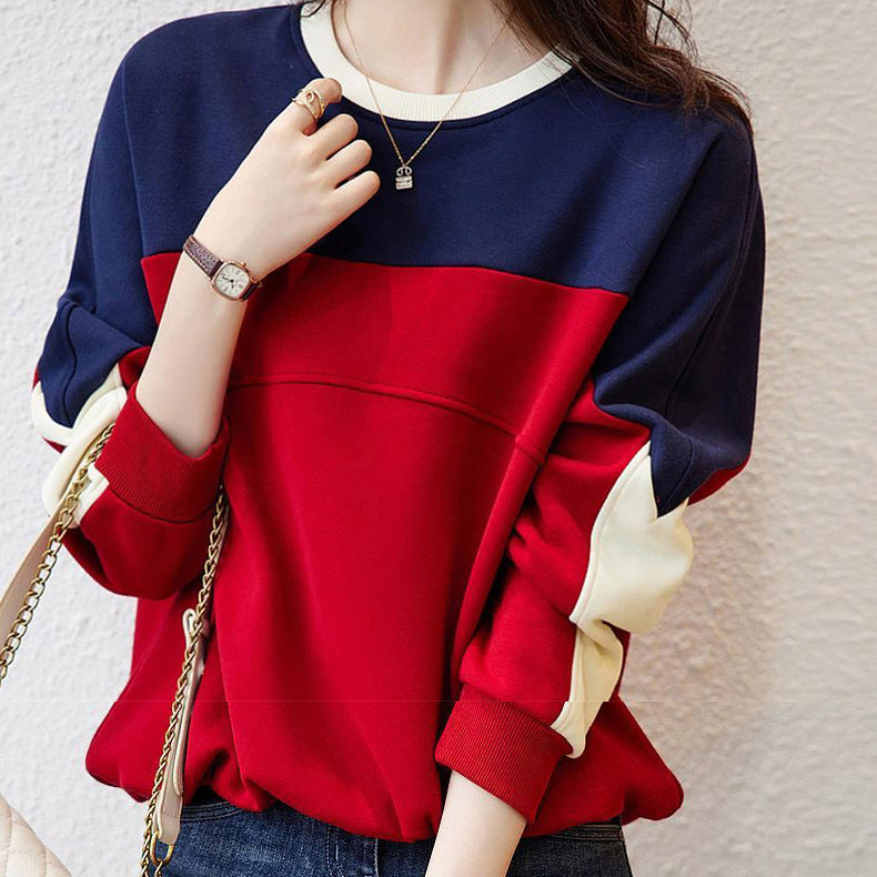 Stitching Contrast Color Round Neck Fashionable Sweater Loose