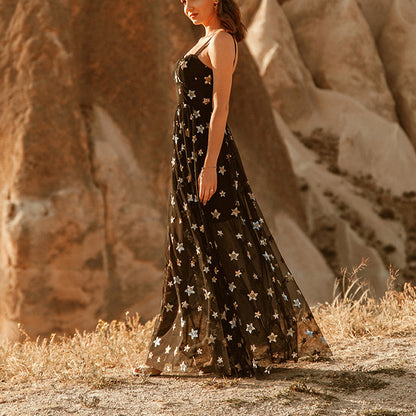 Five-pointed Star Mesh Camisole See-through Temperament Long Dress