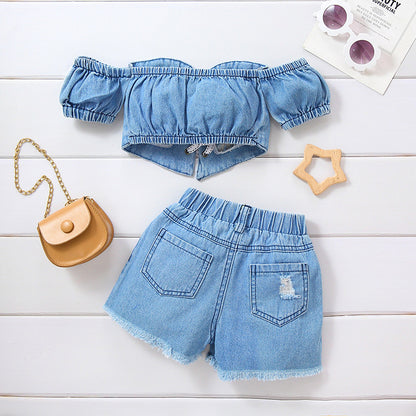 Girls' Denim Ripped Top Shorts Suit