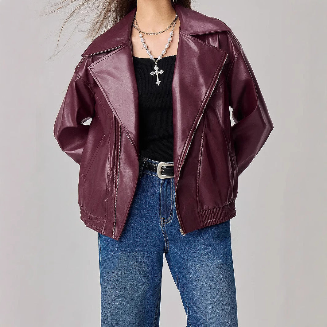 Loose-fitting Long Sleeves Leather Jacket Coat