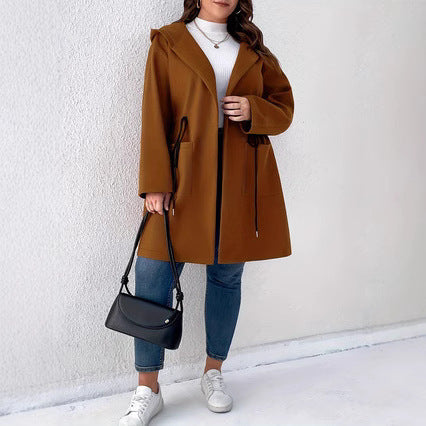 Solid Color Drawstring Pocket Elegant Coat