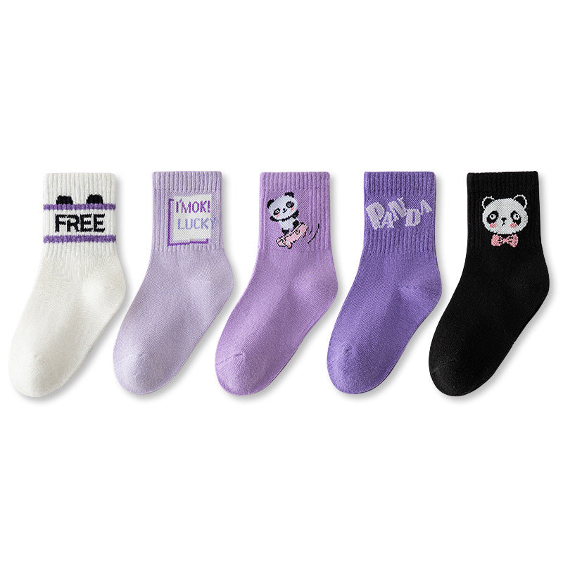The Panda Athletic: Purple Panda Cartoon Mid-Tube Athletic Socks