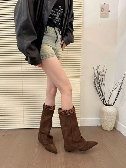 Retro Western Slimming Belt Buckle Middle Boots