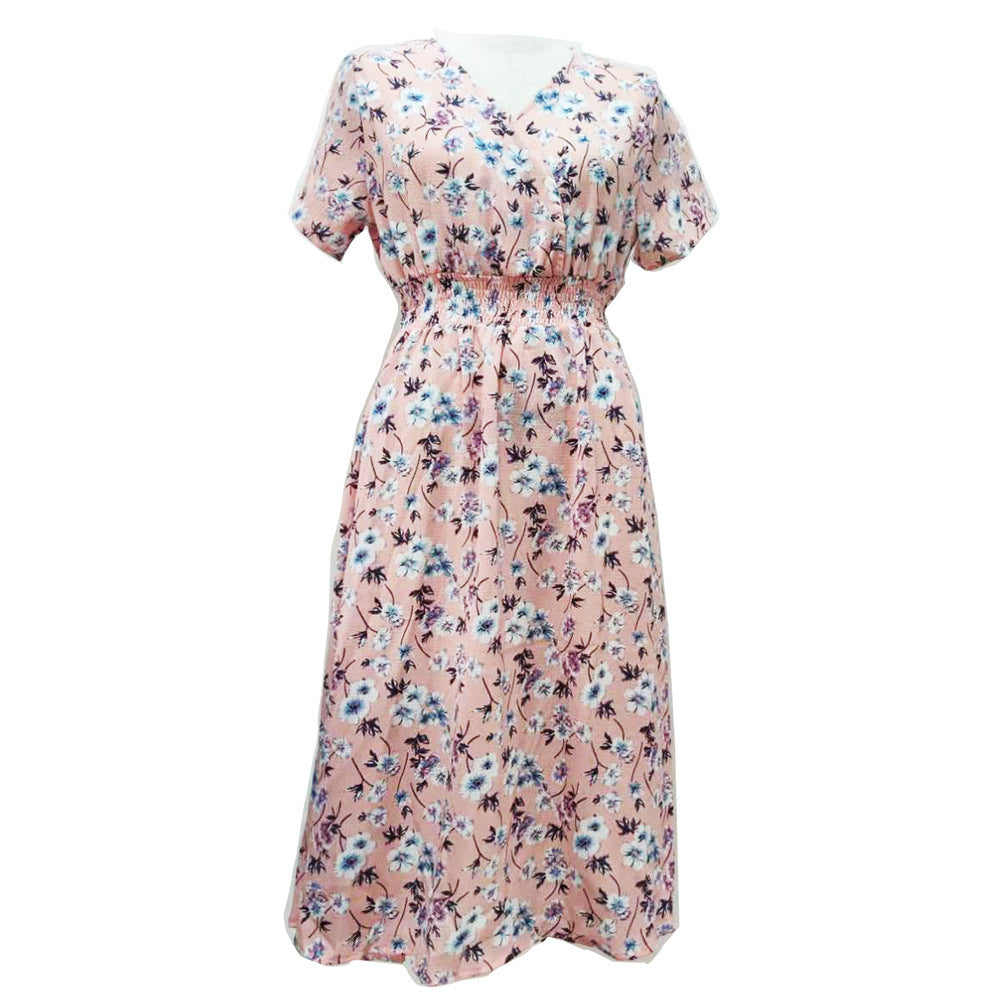 Ladies Printed V-Neck Short Sleeve Dress