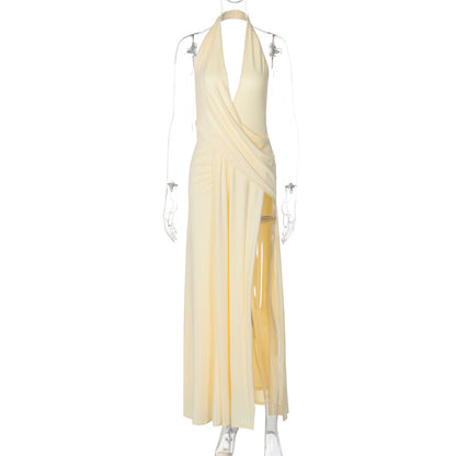 Fashion Hot Girl Deep V Halter Pleated Backless Irregular Dress
