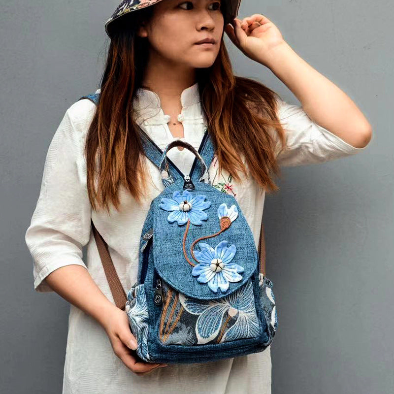 Women's Cotton Linen Canvas Ethnic Handicraft Tie-dyed Blue Art Backpack