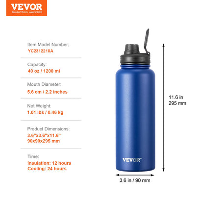 Azure Wide: 40oz Wide-Mouth Stainless Steel Insulated Bottle