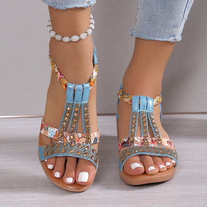 Plus Size Bohemian Elastic Strap Rhinestone Sandals For Women