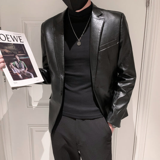 New Polo Collar Solid Color Leather Jacket Korean Slim PU Men Refined Monochrome