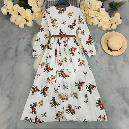 Temperament V-neck Long Sleeve Printed Dress For Woman