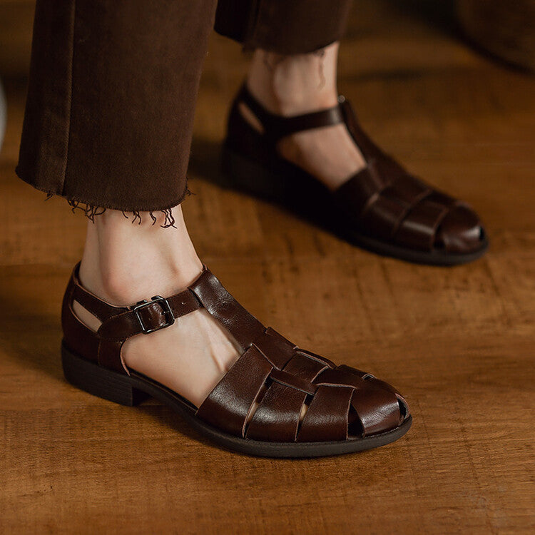 Summer Low Heel Pig Cage Shoes Chunky Heel Retro Roman Sandals For Women